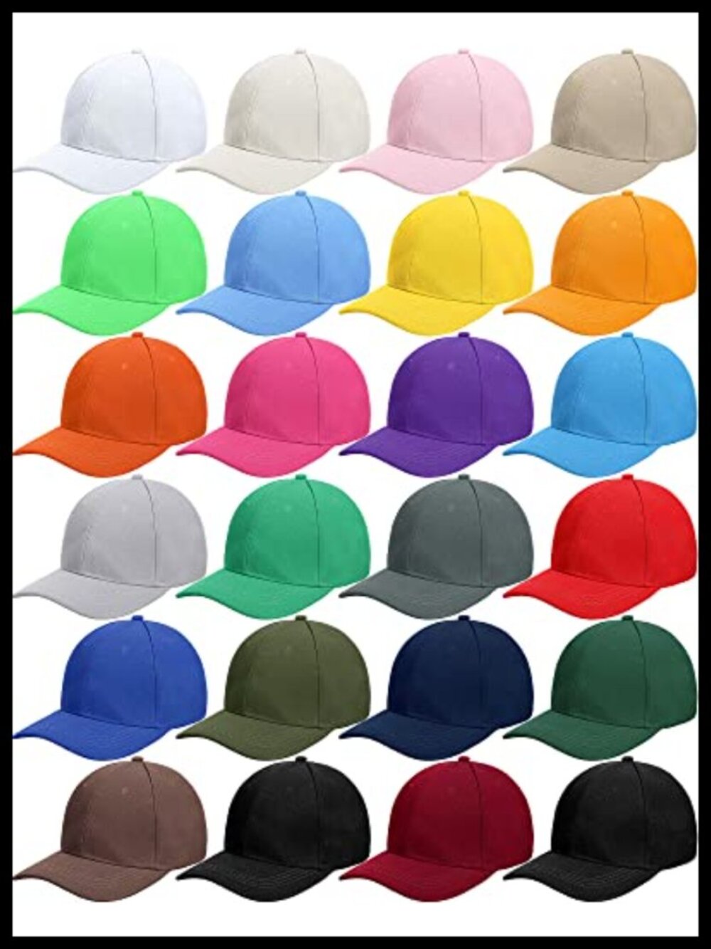 24 Pack Unisex Acrylic Baseball Caps Adjustable Curved Brim
